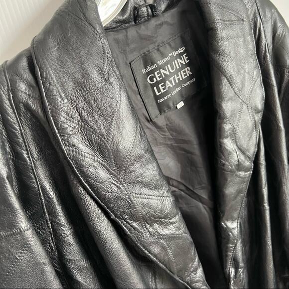 Vintage 80s 90s Italian Stone Design Genuine Leather Patchwork Trench Coat - Picture 4 of 16